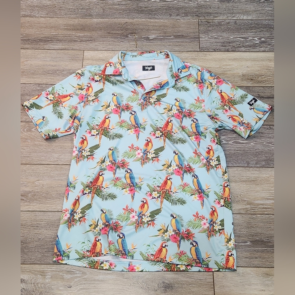 Waggle Men's Tropical Parrot Print Polo Shirt - Blue